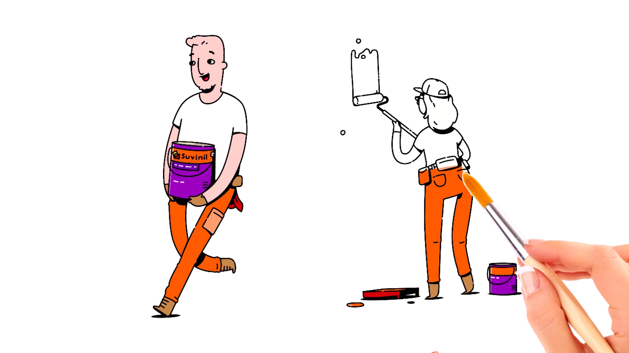 homem carregando lata e pintora pintando Homem carregando uma lata de tinta e uma pintora pintando